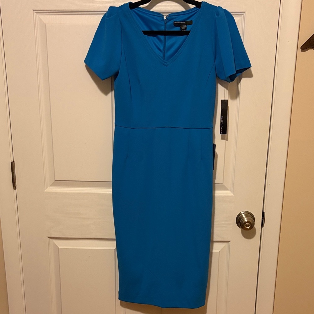 Maggy London Ocean Blue V-Neck Midi Dress -Size 2